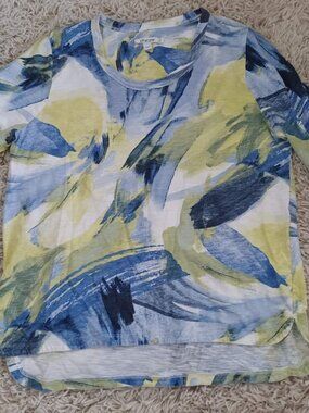 Chicos Womens Large Abstract Print Top Blue Green 3/4 Sleeve Cotton Modal